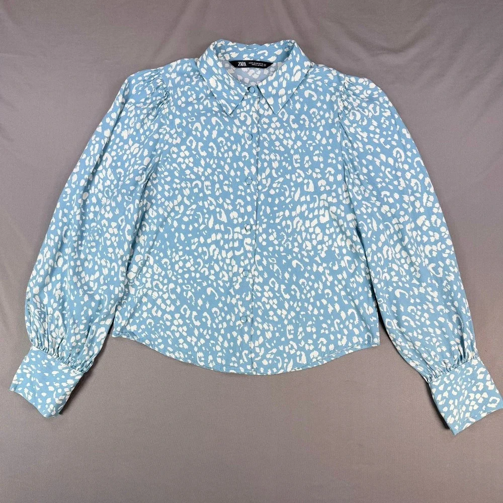 ZARA Womens XS Blue White Animal Print Long Sleeve Button Down Blouse Top Retro
